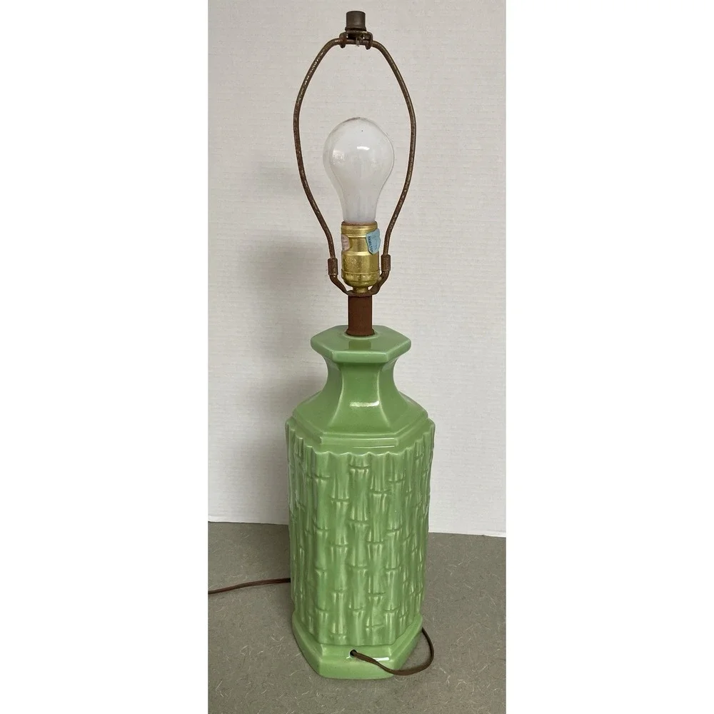 Vtg Green Faux Bamboo Ceramic Lamp‎ 60s MCM Hollywood Regency No Shade